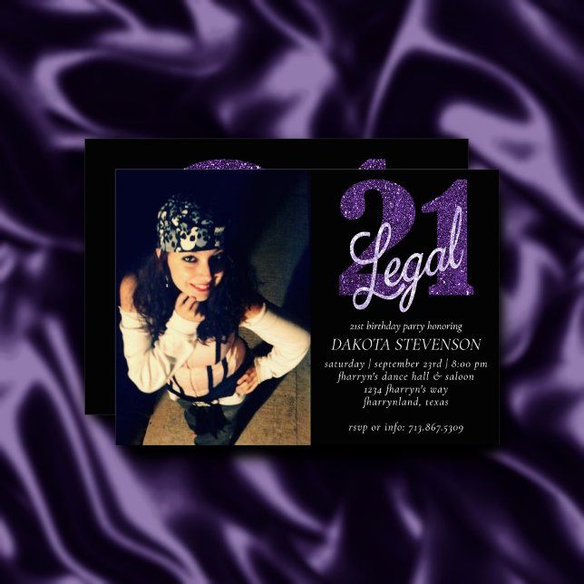 21 and Legal | Faux Purple Glitter Photo Keepsake Invitation (Creator Uploaded)