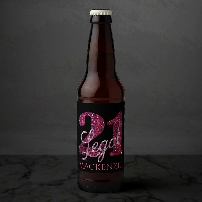 21 and Legal | Fun Pink Faux Glitter 21st Birthday Beer Bottle Label (Creator Uploaded)