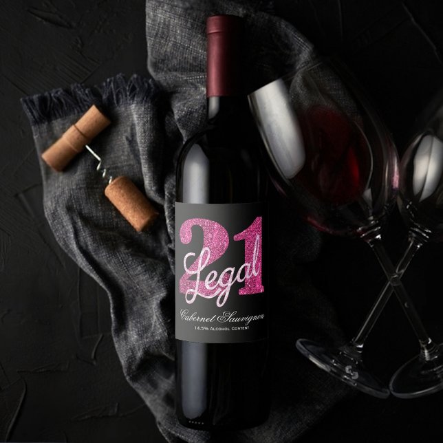 21 and Legal | Fun Pink Faux Glitter 21st Birthday Wine Label (Creator Uploaded)