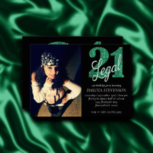 21 and Legal   Green Faux Glitter 21st BDay Photo Invitation