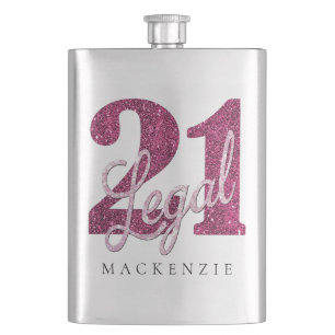 21 and Legal   Pink Glitter 21st Birthday Name Hip Flask