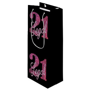 21 and Legal Pink Glitter 21st Birthday on Black Wine Gift Bag