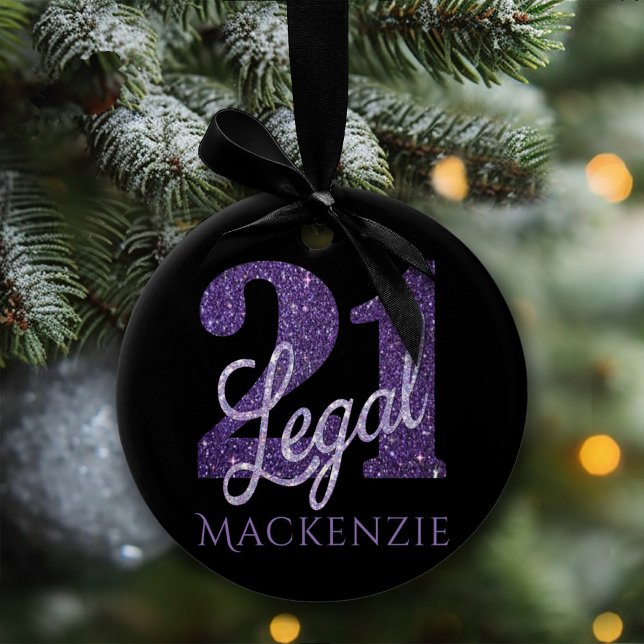 21 and Legal | Purple Faux Glitter 21st Birthday Ceramic Tree Decoration (Creator Uploaded)