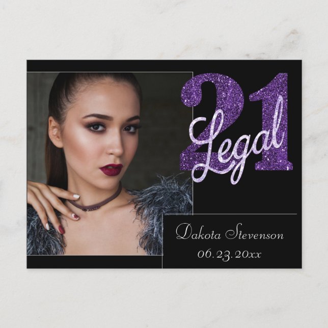 21 and Legal | Purple Faux Glitter 21st Birthday Postcard (Front)