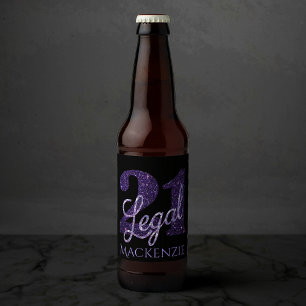 21 and Legal Purple Glitter Chic 21st Birthday Beer Bottle Label