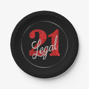 21 and Legal Red and Black Modern 21st Birthday Paper Plate