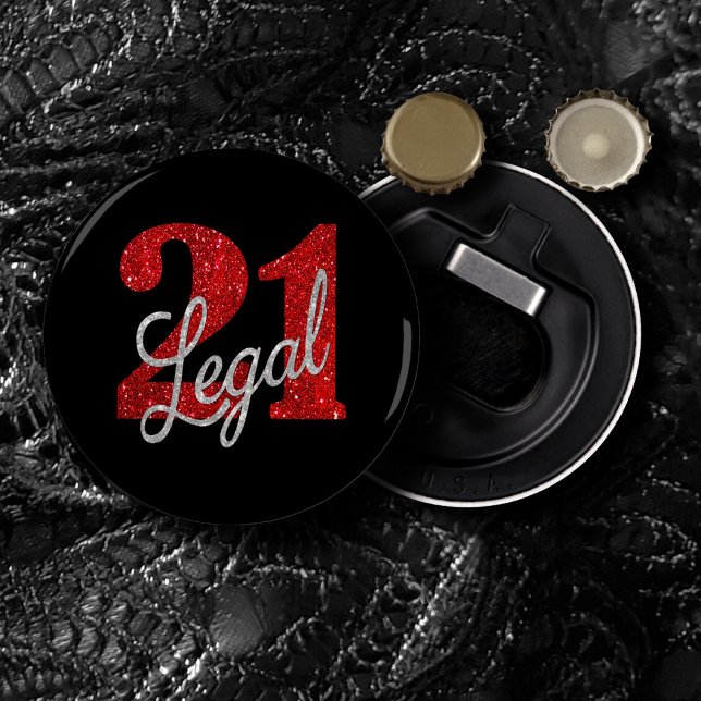 21 and Legal | Red Faux Glitter 21st Birthday Bottle Opener (Creator Uploaded)