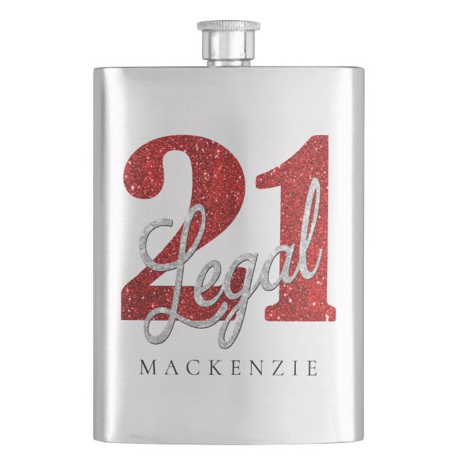 21 and Legal | Red Faux Glitter 21st Birthday Hip Flask (Front)