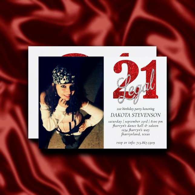 21 and Legal | Red Faux Glitter Photo Keepsake Invitation (Creator Uploaded)