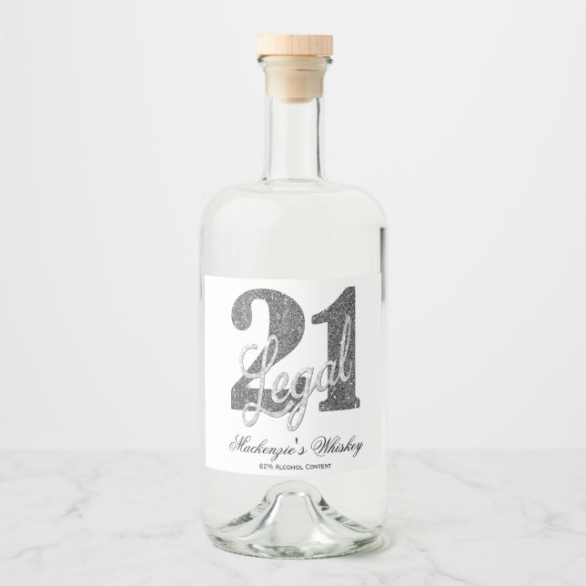 21 and Legal | Silver Faux Glitter 21st Birthday Liquor Bottle Label (Front)