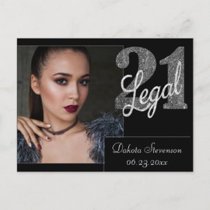 21 and Legal Silver Faux Glitter Photo Thank You Postcard