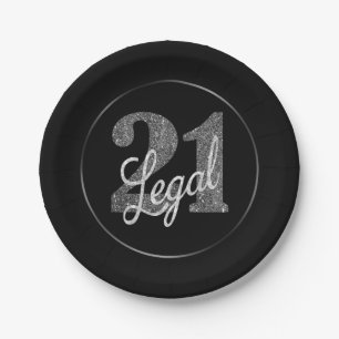 21 and Legal   Silver Glitzy Glam 21st Birthday Paper Plate