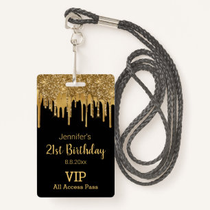 21 birthday black gold dripping glitters vip pass ID badge
