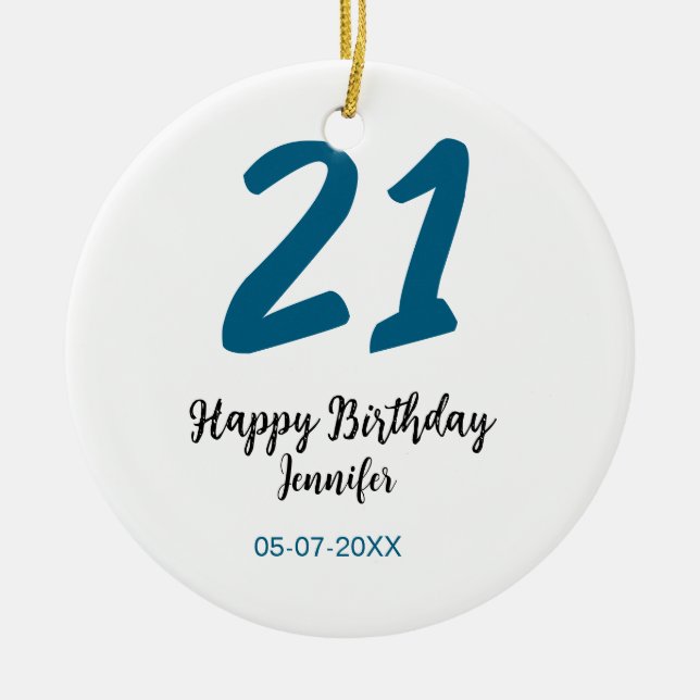 21 birthday bold blue letter simple minimal ceramic tree decoration (Front)