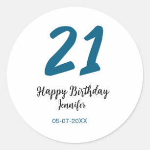 21 birthday bold blue letter simple minimal classic round sticker