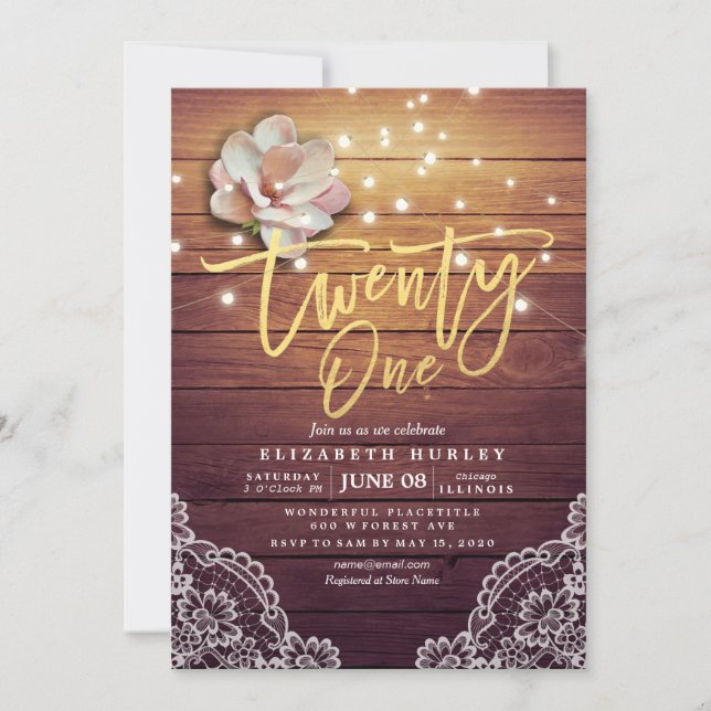 21 Birthday Party Flowers String Lights Wood Lace Invitation (Front)