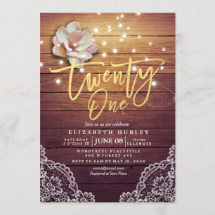21 Birthday Party Flowers String Lights Wood Lace Invitation