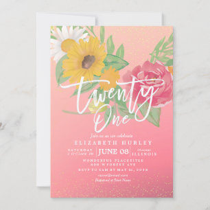 21 Birthday Party Modern Pink Flowers Gold Glitter Invitation