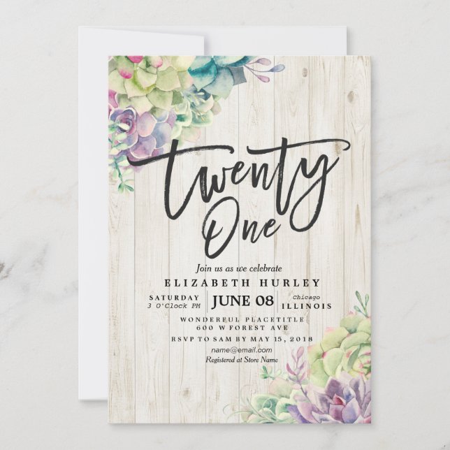 21 Birthday Party Watercolor Succulent Rustic Wood Invitation (Front)