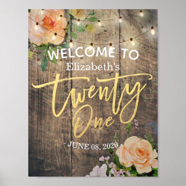 21 Birthday Party Wood Flower String Light Welcome Poster (Front)