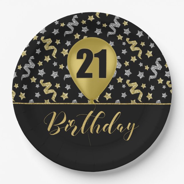21 Gold Birthday Ballon on Black Gold Confetti Paper Plate (Front)