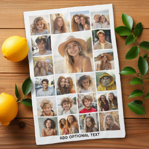 21 Photo Collage - Custom Text - Black and White Tea Towel