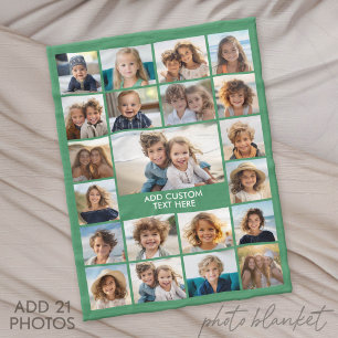 21 Photo Collage - Green and Text Fleece Blanket