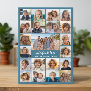 21 Photo Collage - Modern Blue - White Script Text Holiday Card