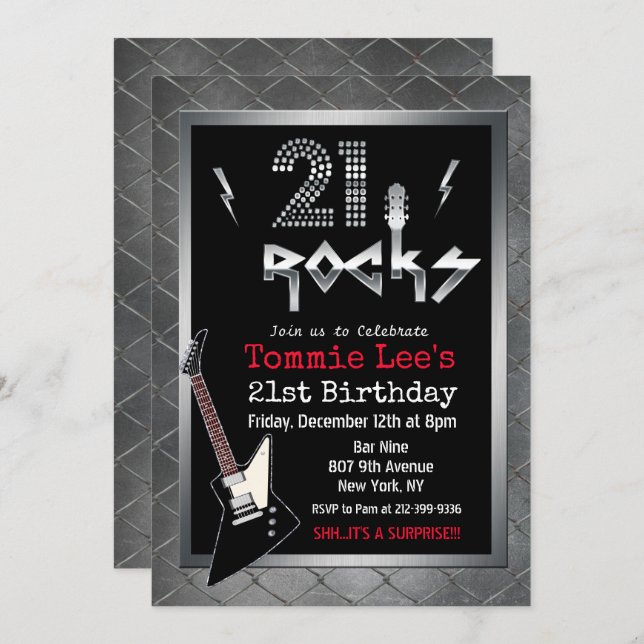 21 Rocks Rockstar Guitar Birthday Invitation (Front/Back)