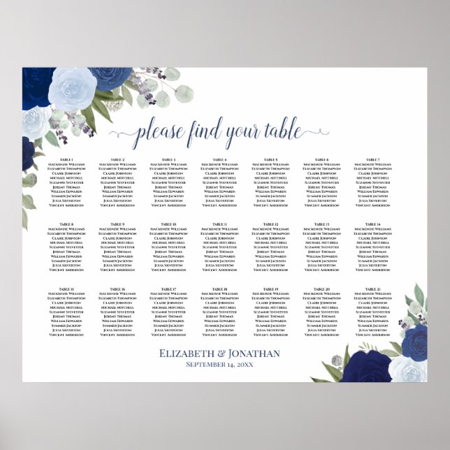 21 Table Blue Boho Floral Wedding Seating Chart (Front)