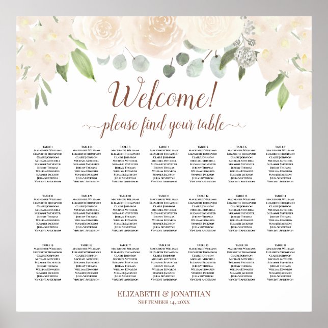 21 Table Blush Peach Roses Wedding Seating Chart (Front)