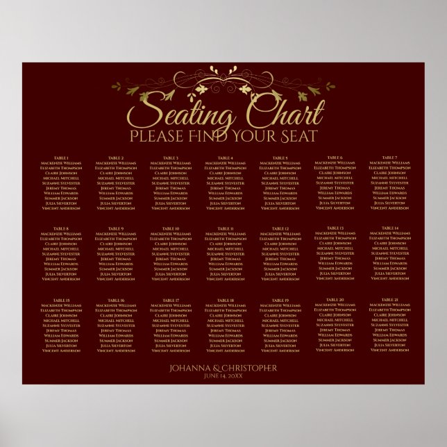 21 Table Gold & Auburn Brown Wedding Seating Chart (Front)