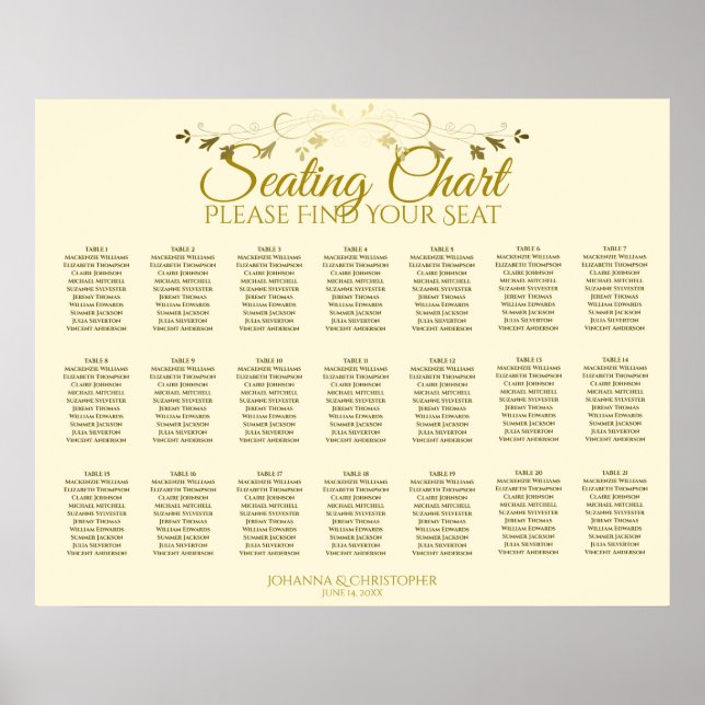 21 Table Gold Flourish Cream Wedding Seating Chart (Front)