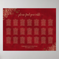 21 Table Gold Frills on Red Wedding Seating Chart