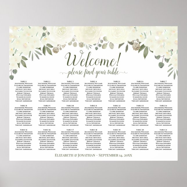 21 Table Ivory White Roses Wedding Seating Chart (Front)