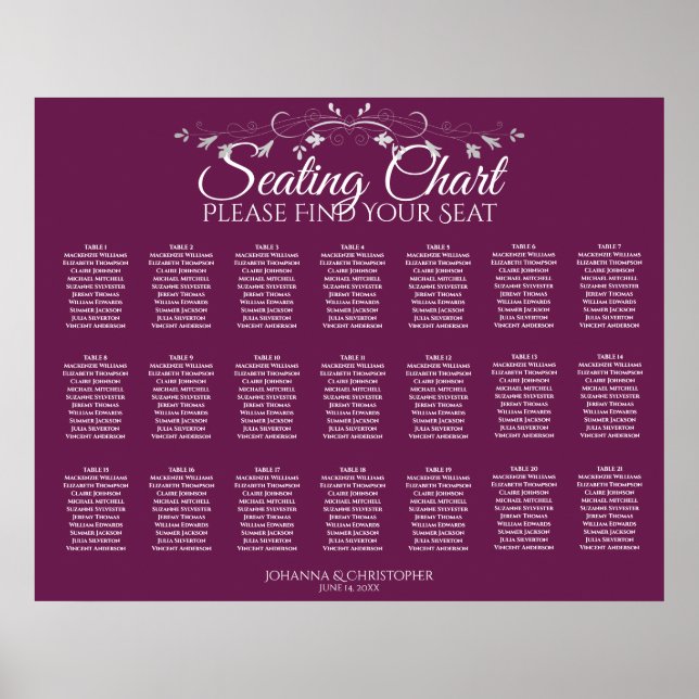 21 Table Simple Cassis Wedding Seating Chart (Front)