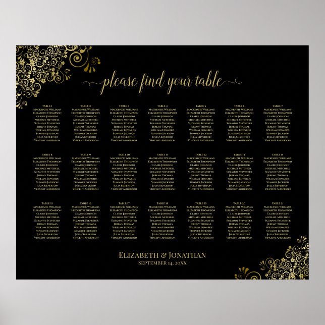 21 Table Wedding Seating Chart Black & Gold Frills (Front)