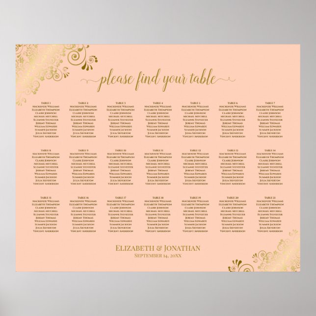 21 Table Wedding Seating Chart Coral Peach & Gold (Front)
