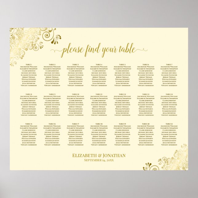 21 Table Wedding Seating Chart Cream & Gold Frills (Front)
