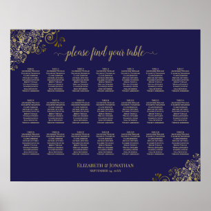 21 Table Wedding Seating Chart Lacy Gold Navy Blue