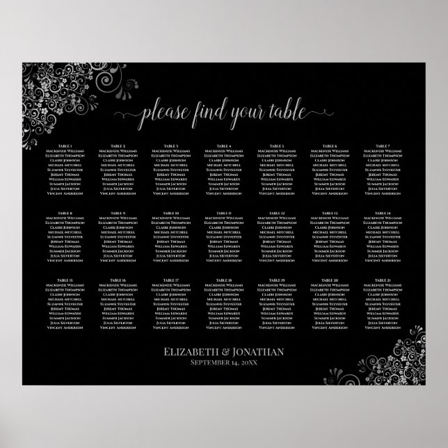 21 Table Wedding Seating Chart Silver Frills Black (Front)