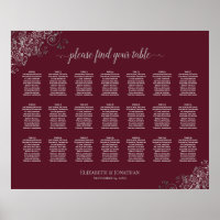 21 Table Wedding Seating Chart Silver on Burgundy