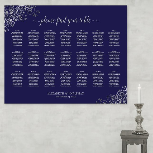 21 Table Wedding Seating Chart Silver on Navy Blue (On Wall with Candle)