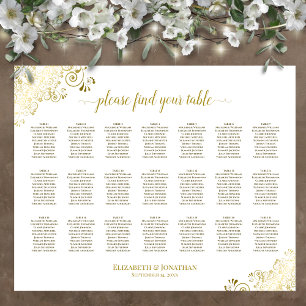 21 Table Wedding Seating Chart White & Gold Frills