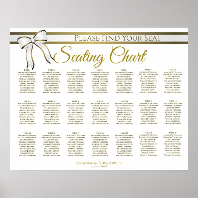 21 Table White & Gold Ribbon Wedding Seating Chart (Front)