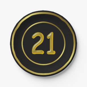 21 Twenty One Birthday, Black and Gold Paper Plate