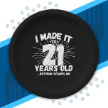 21 Year Old Birthday - Birthday Meme - Funny 21st Paper Plate<br><div class="desc">This funny 21st birthday design makes a great sarcastic humour joke or novelty gag gift for a 21 year old birthday theme or surprise 21st birthday party! Features "I Made it to 21 Years Old... Nothing Scares Me" funny 21st birthday meme that will get lots of laughs from family, friends,...</div>