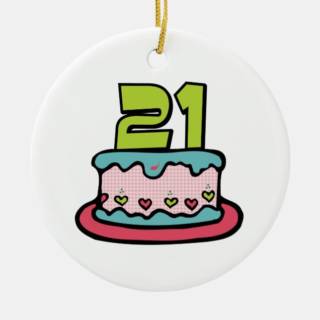 21 Year Old Birthday Cake Ceramic Tree Decoration (Front)