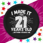 21 Year Old Sarcastic Meme Funny 21st Birthday Paper Plate<br><div class="desc">This funny 21st birthday design makes a great sarcastic humour joke or novelty gag gift for a 21 year old birthday theme or surprise 21st birthday party! Features 'I Made it to 21 Years Old... Nothing Scares Me' funny 21st birthday meme that will get lots of laughs from family, friends,...</div>