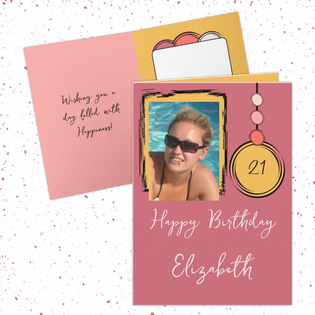 21st add name photo any age pink birthday card (Creator Uploaded)